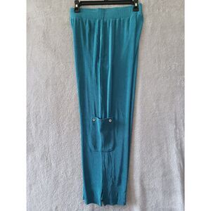 Chicos Travelers Pants Sm Teal Pull On Crop Ankle Wide Leg Slinky Liquid Knit